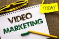 Conceptual hand writing showing Video Marketing. Business photo showcasing Media Advertising Multimedia Promotion Digital Strategy