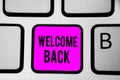 Conceptual hand writing showing Welcome Back. Business photo text Warm Greetings Arrived Repeat Gladly Accepted Pleased Keyboard p