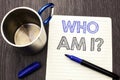 Conceptual hand writing showing Who Am I Question. Business photo showcasing Question Asked Identity Thinking Doubt Psycology Myst Royalty Free Stock Photo