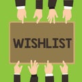 Conceptual hand writing showing Wishlist. Business photo showcasing List of desired but often realistically unobtainable