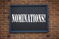 Conceptual hand writing text caption inspiration showing announcement Nominations. Business concept for Election Nominate Nominat