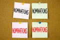 Conceptual hand writing text caption inspiration showing Nominations Business concept for Election Nominate Nomination on the colo