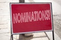 Conceptual hand writing text caption inspiration showing Nominations. Business concept for Election Nominate Nomination written on