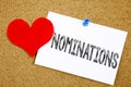 Conceptual hand writing text caption inspiration showing Nominations concept for Election Nominate Nomination and Love written on