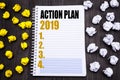 Conceptual hand writing text caption showing Action Plan 2019. Business concept for Success Strategy Written on notepad note noteb Royalty Free Stock Photo