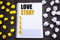 Conceptual hand writing text caption showing Love Story. Business concept for Loving Someone Heart Written on notepad note notebo Royalty Free Stock Photo