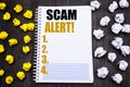 Conceptual hand writing text caption showing Scam Alert. Business concept for Fraud Warning Written on notepad note notebook book Royalty Free Stock Photo