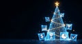 A conceptual, high-tech 3D render visualizes an abstract geometric Christmas tree constructed from glowing blue and gold data line Royalty Free Stock Photo