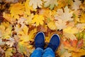 Conceptual hipster style image of legs in boots, trendy gumshoes on background autumn leaves.