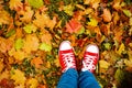 Conceptual hipster style image of legs in boots, trendy gumshoes