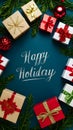 Conceptual holiday greeting card adorned with festive gift boxes