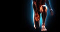 Conceptual human body anatomy articular joint pain on black background, Man suffering from knee pain on Black background,