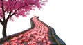 Conceptual 3D render shows red data packets flowing on a mossy Japanese path under sakura, blending Royalty Free Stock Photo