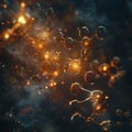 Conceptual abstract molecular structure with vibrant glowing orange particles and dark smoky background Royalty Free Stock Photo