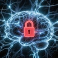 Abstract illustration of a human brain with glowing neural connections and a red padlock symbolizing the struggle against Royalty Free Stock Photo