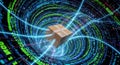 Futuristic digital data stream encircling a cardboard package in a conceptual network Royalty Free Stock Photo