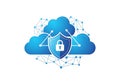 A conceptual illustration of cloud computing security featuring a digital shield with a padlock protecting a blue cloud network Royalty Free Stock Photo