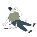 Conceptual illustration of the consequences of alcoholism with a depressed character with alcohol addiction drinking on the floor