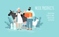 Conceptual illustration of dairy products. Template vector illustration of a cow, goat, a woman with yogurt and a man with cheese Royalty Free Stock Photo