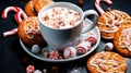 Chocolate cookies, Christmas candies, cocoa in a cup and marshmallow decorations on a gray background. Generative AI Royalty Free Stock Photo