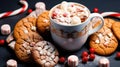 Chocolate cookies, Christmas candies, cocoa in a cup and marshmallow decorations on a gray background. Generative AI Royalty Free Stock Photo