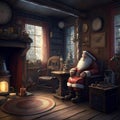 Conceptual Illustration Depicting The Cozy Living Room And Bustling Workshop Of Santa Claus, Complete With All The Festive