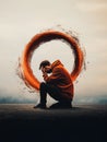 Abstract human silhouette trapped in a spiral of negative thoughts.