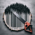 Conceptual illustration of exploiting trees and forest for material gain with barcode and trees Royalty Free Stock Photo