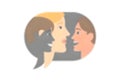 A conceptual illustration featuring three simplistic human profiles facing each other within a speech bubble Royalty Free Stock Photo