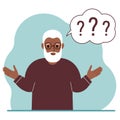 Conceptual illustration of a grandfather who has many questions and question marks in his mind. Royalty Free Stock Photo