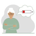 Conceptual illustration of low battery. Sad grandmother thinks about charging.
