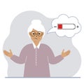 Conceptual illustration of low battery. Sad grandmother thinks about charging.