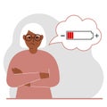 Conceptual illustration of low battery. Sad grandmother thinks about charging.