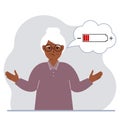 Conceptual illustration of low battery. Sad grandmother thinks about charging.