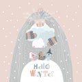 Conceptual Illustration of mother winter hugging clouds with snow