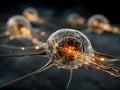 A conceptual illustration of a neural network or brain cells, showcasing a central cell with multiple synapses