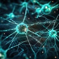 Conceptual illustration of neuron cells with glowing links, created with generative AI