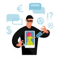 Conceptual illustration of online fraud, cyber crime, data hacking. The girl on the phone screen and the scammer