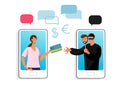 Conceptual illustration of online fraud, cyber crime, data hacking. A woman on the phone screen and the scammer stealing Royalty Free Stock Photo