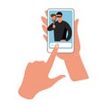 Conceptual illustration of online fraud, cybercrime, data hacking. Fraudster on the phone screen, hands are holding the phone.