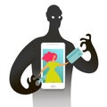 Conceptual illustration about online fraud, cybercrime, data hacking. The girl on the screen the phone and the dark silhouette of