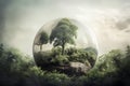 Conceptual illustration of an orb with vegetaion, plants and trees. Earth Day Concept. Generative AI Royalty Free Stock Photo