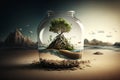 Conceptual illustration of people in a polluted world and balance with nature Royalty Free Stock Photo