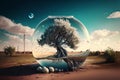 Conceptual illustration of people in a polluted world and balance with nature Royalty Free Stock Photo