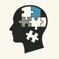 Conceptual illustration of schizophrenia, human head silhouette designed as a puzzle with missing and misaligned pieces Royalty Free Stock Photo