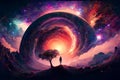 Conceptual illustration a spring time journey into the cosmos. An immersive experience promoting wellness and mindfulness with Royalty Free Stock Photo