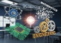Conceptual illustration of STEM fields, featuring science, technology, engineering, and mathematics. Royalty Free Stock Photo