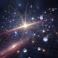 Conceptual illustration of subatomic particle interaction within a warping spacetime cosmic environment Royalty Free Stock Photo