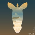 Conceptual illustration on the theme of protection of nature and animals with evening Savannah view in silhouette of zebra head Royalty Free Stock Photo