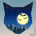 Conceptual illustration on the theme of protection of nature and animals with night forest with bats and moon in silhouette of cat